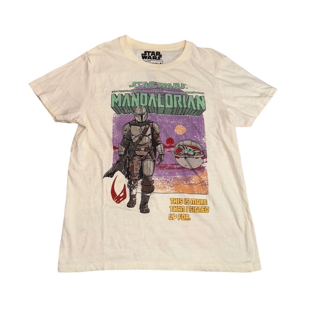 Star Wars Mandalorian T-Shirt Cream Purple Grogu Graphic Mens Large C-Life Group